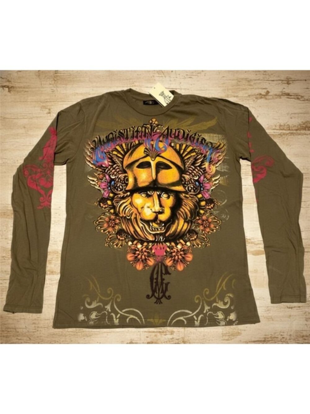 Retro Y2K Authentic Vintage Men's Christian Audigier T-shirt Lion LS Olive Large